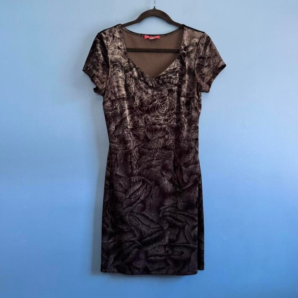Y2K Velvet Dress Women's Size Medium Black Gray Floral Bodycon Whimsygoth Grunge